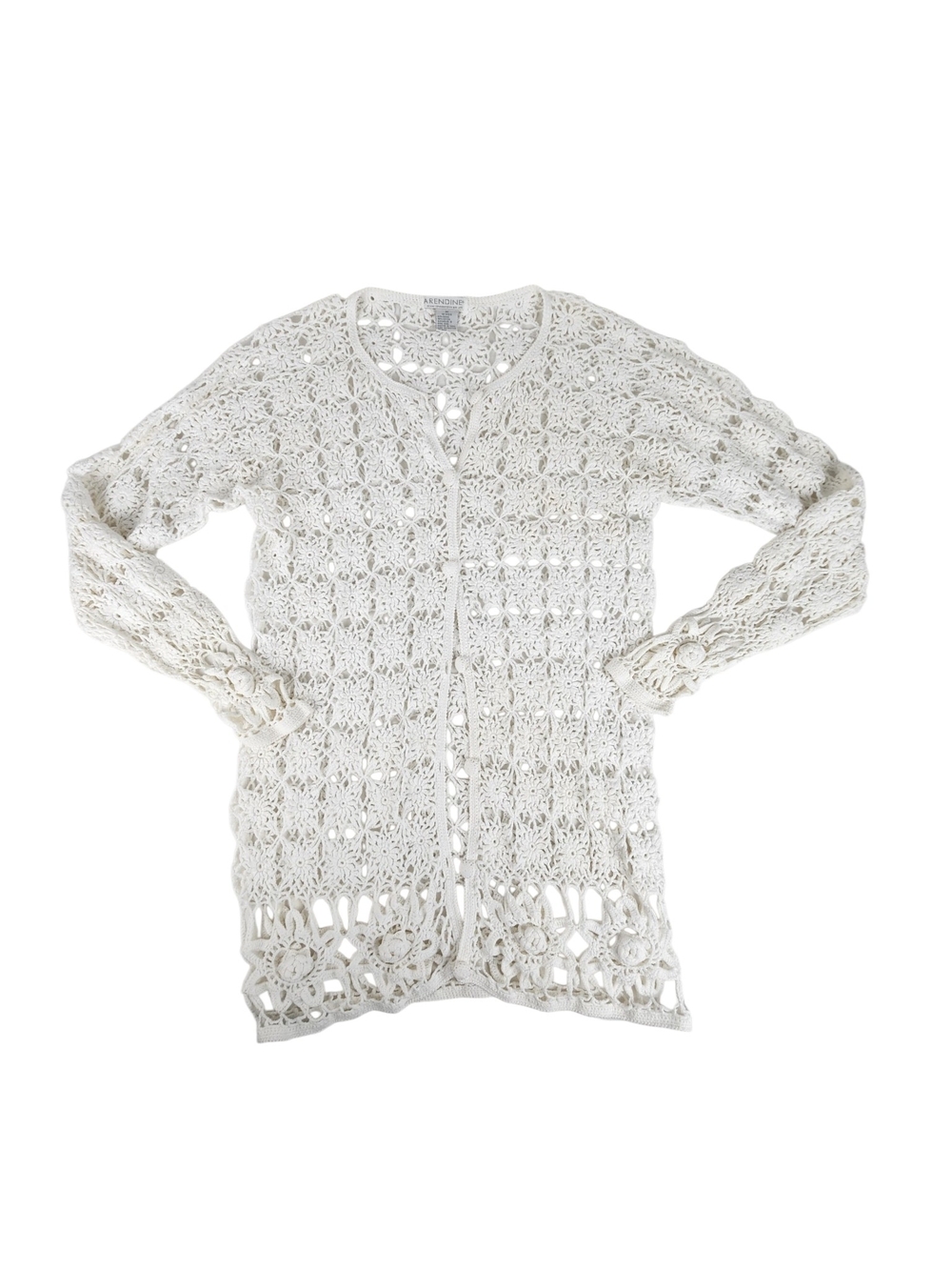 Crochet Cardigan White Sweater Med Boho Open Knit Button Front Cover Up Festival - Picture 12 of 15